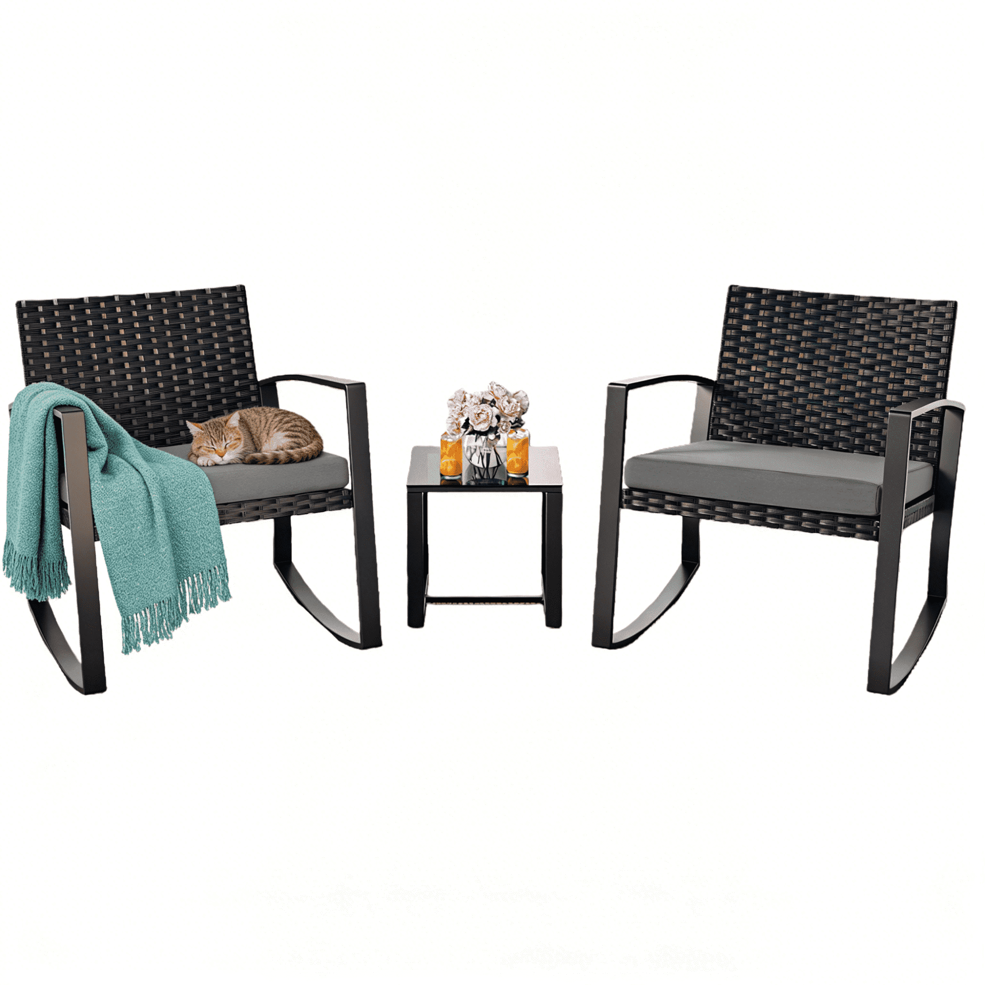 Patio Furniture Set, Lofka 3 Pieces Outdoor Porch Furniture Set with Rocking Chairs and Glass Table for Balcony & Garden, Gray Cushion