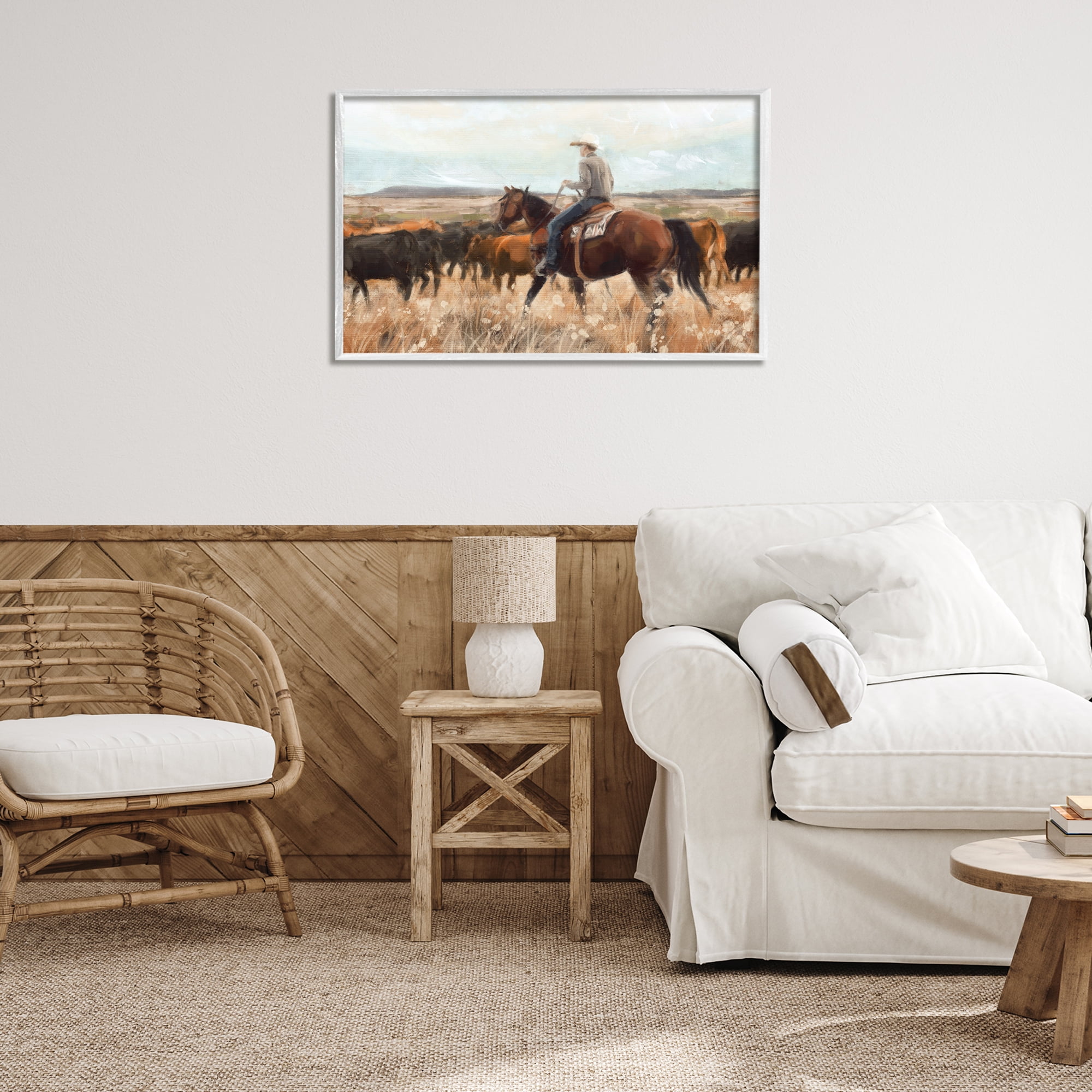 Stupell Industries Cowboy Rounding Cattle Landscape Painting White Framed Art Print Wall Art, 30 x 20