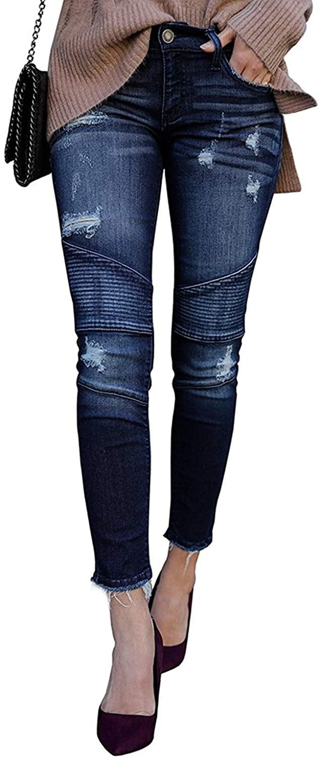 Kancan Women's Distressed Motto Denim Ankle Skinny Jeans