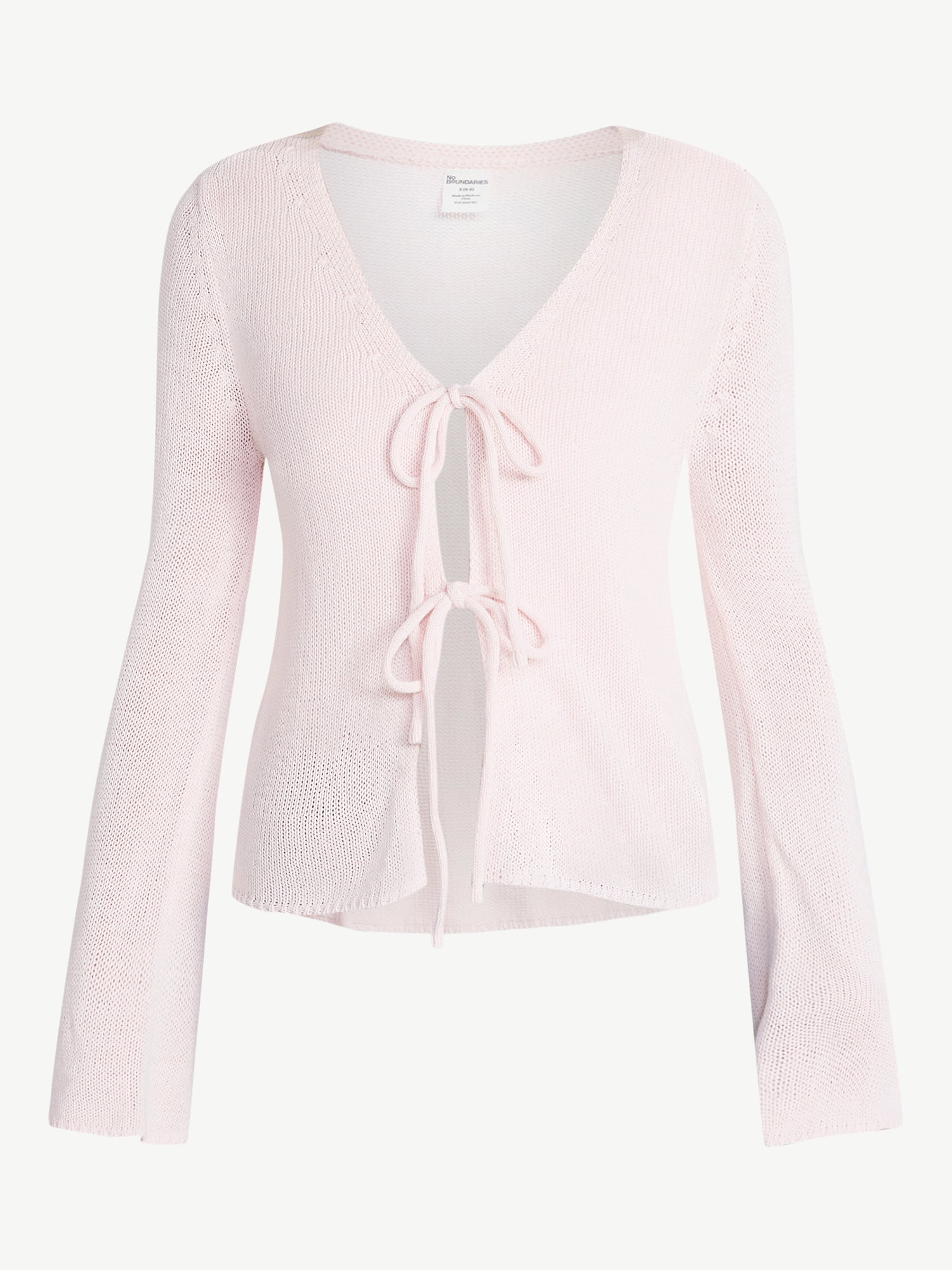No Boundaries Tie Front V-Neck Cardigan with Bell Sleeves, Women's & Women's Plus XXS-4X