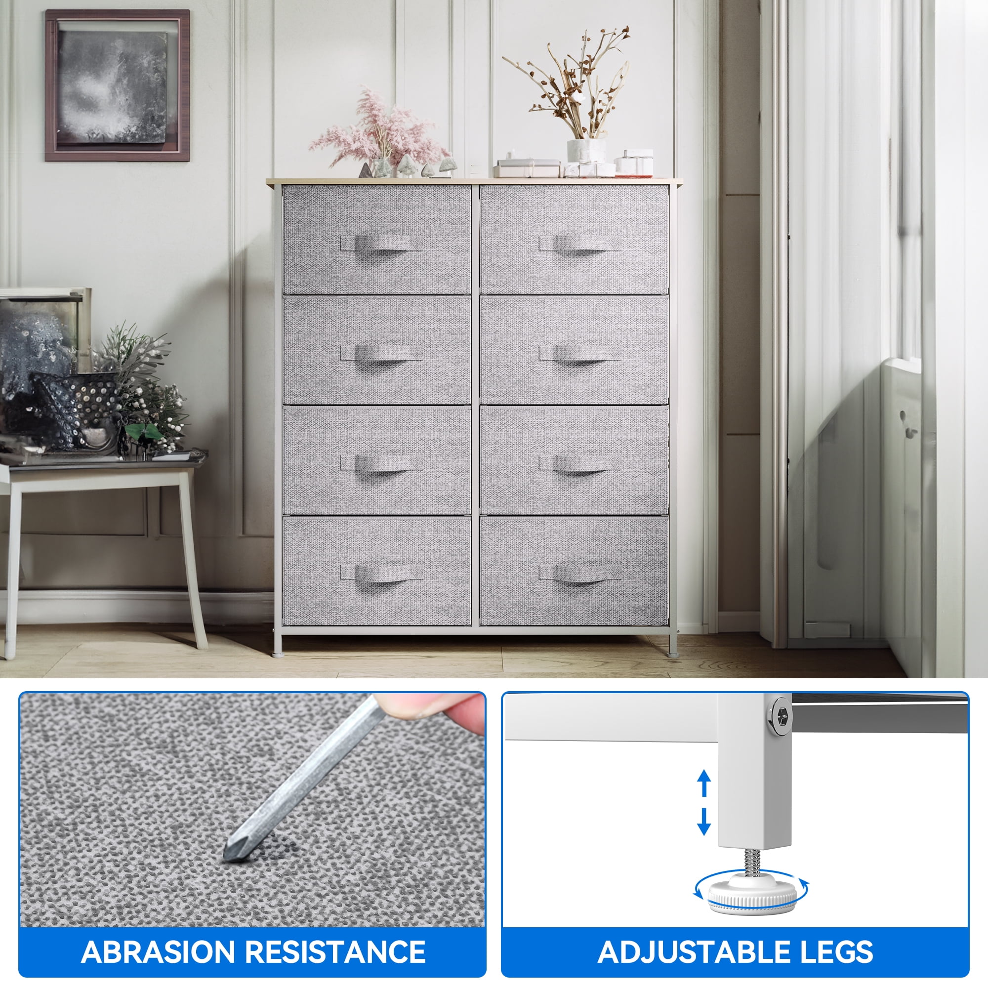 8 Drawers Dresser Chest of Drawers for Bedroom Fabric Storage Dressers for Living Room Bedroom Light Gray