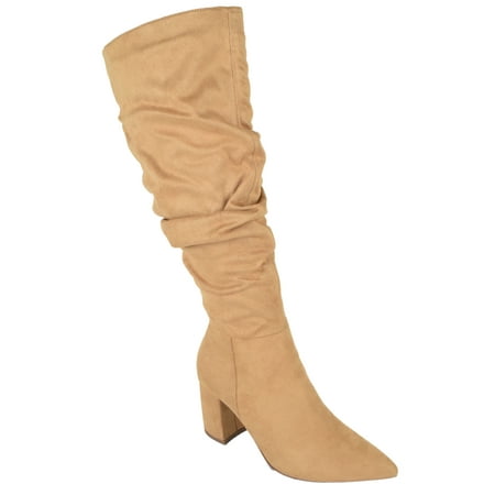 

Delicious Women Knee High Slouchy Boots Side Zipper Chunky Thick Heels Pointed Toe GRAVITY-H Light Brown Blonde Suede 5.5