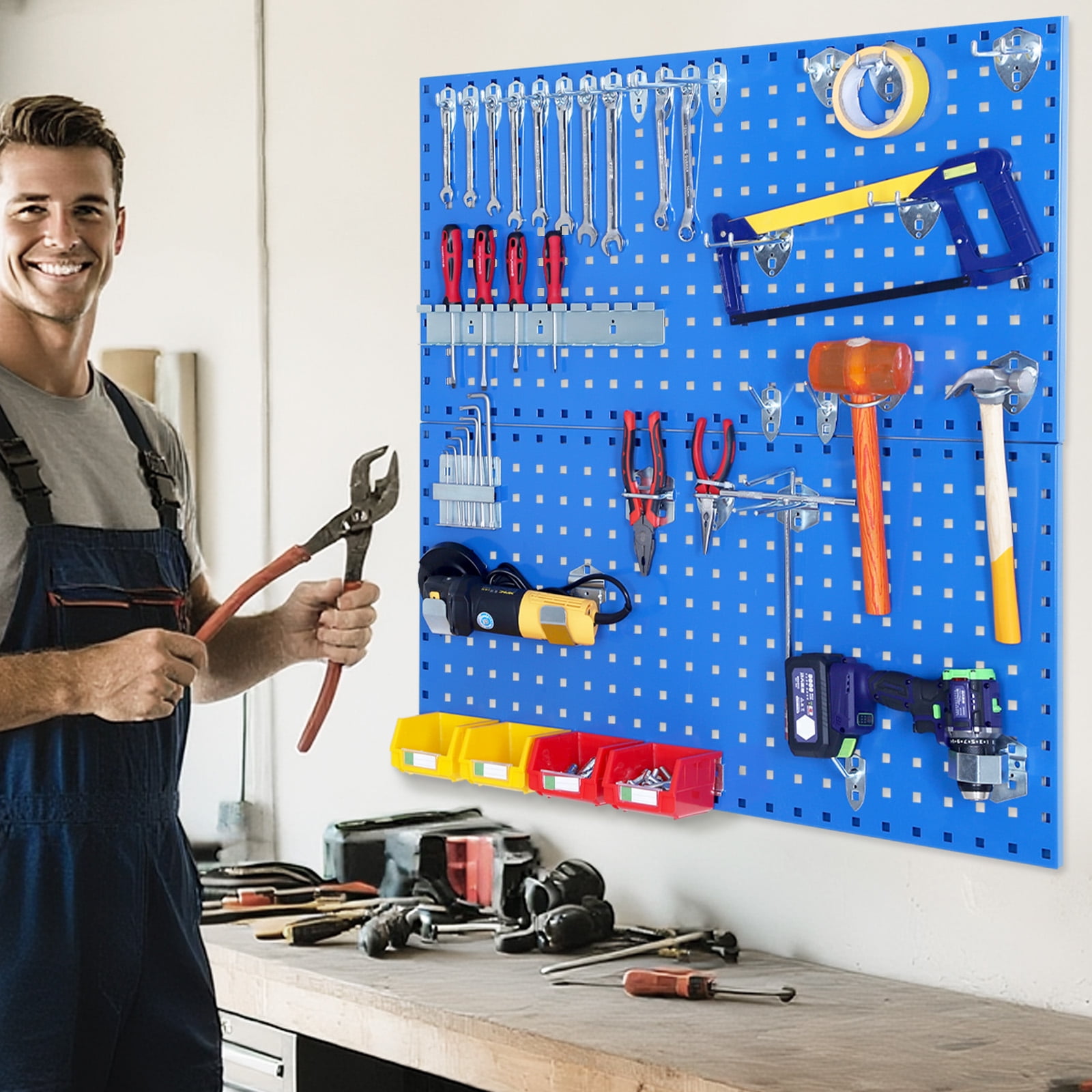 2 PCS Metal Pegboard Panel Set (35"x17.5"), Heavy-Duty Wall Mount Tool Organization System with Hooks & Storage Bins for Garage, Workshop