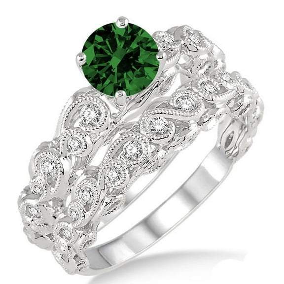 1.25 Carat Emerald & Diamond Infinity Antique Bridal setround cut diamond on 10k White Gold