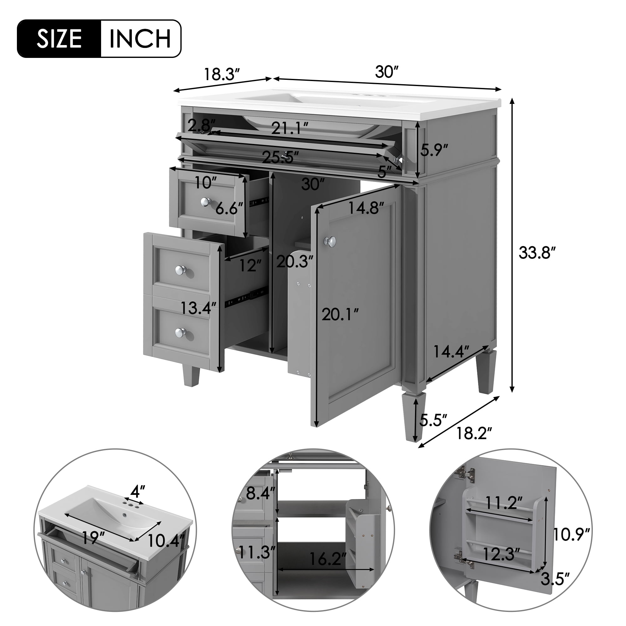 Harper & Bright Designs 30" Bathroom Vanity with Sink, Bathroom Storage Cabinet with Drawers, Single Sink Bathroom Vanity, Grey