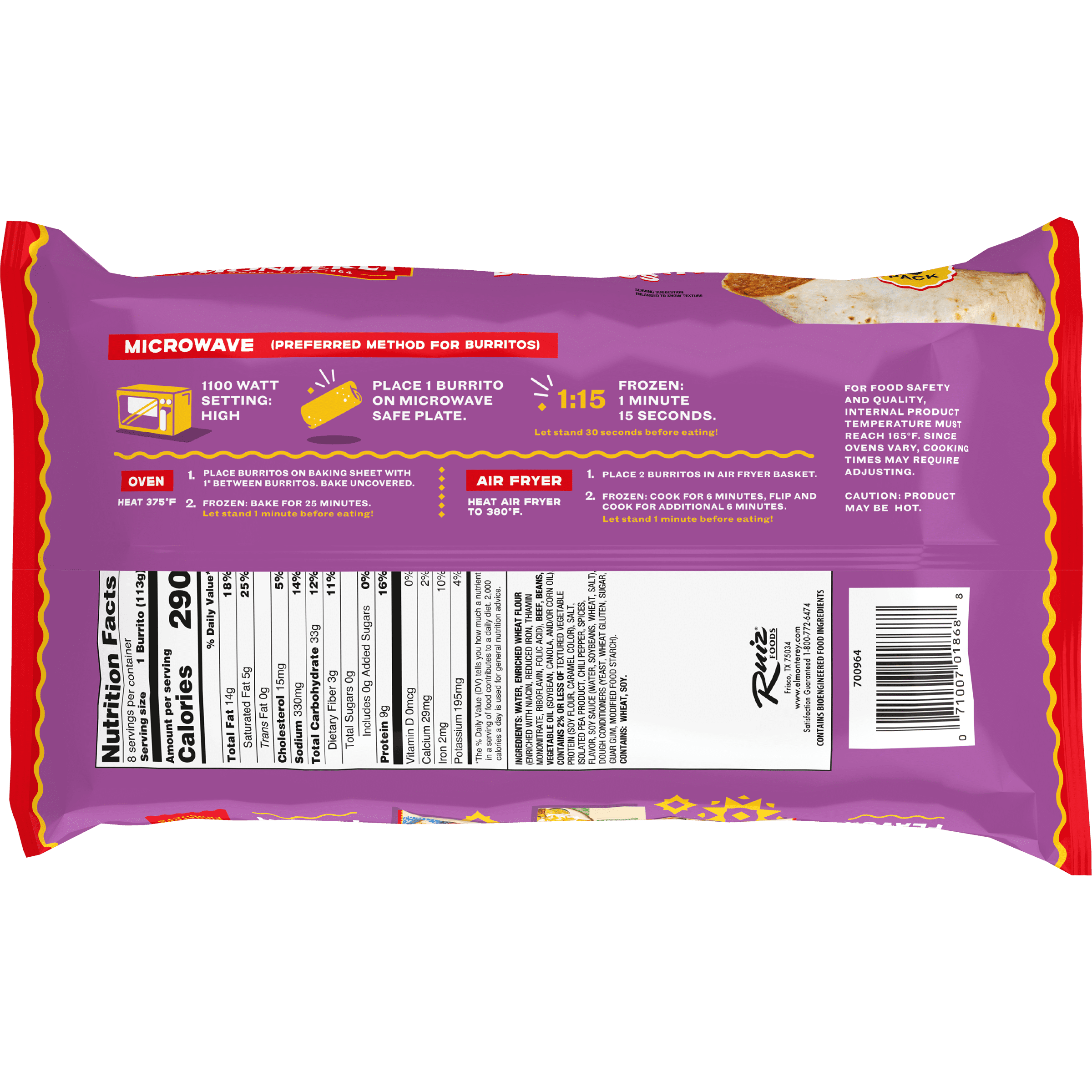El Monterey Beef & Bean Burritos, 32 oz, 8 Count (Frozen)