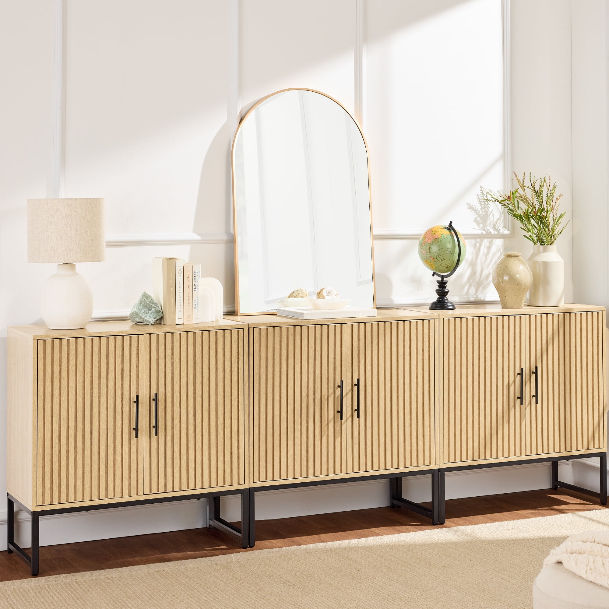Best Choice Products 2-Door Slatted   Storage Cabinet, Accent Furniture w/ Non-Scratch Foot Pads - Natural