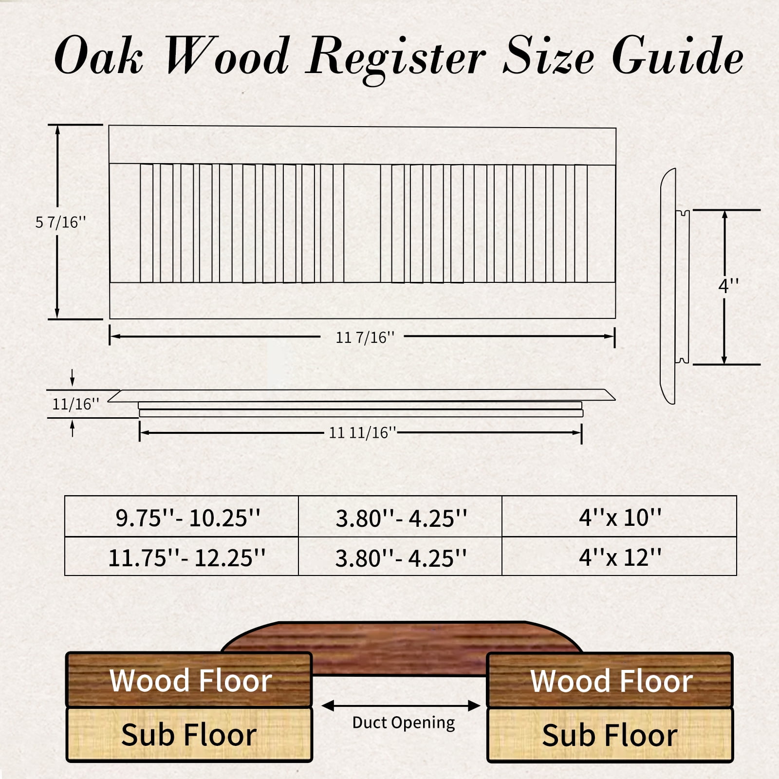 Pack of Two 4x10 inch White Oak Wood Floor - Drop in Vent Register with Damper Wooden Vents Covers