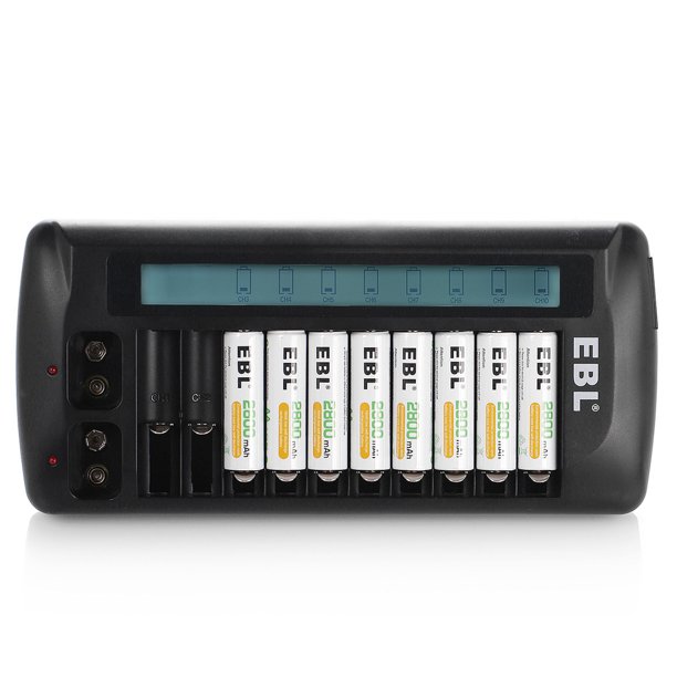 EBL 8-Pack 2800mAh 1.2V AA Rechargeable Batteries + 12 Bay LCD Battery