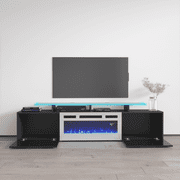 Rova WH-EF Fireplace TV Stand for TVs up to 85, Modern High Gloss 75 Entertainment Center, Electric Fireplace TV Media Console with Storage Cabinets and LED Lights