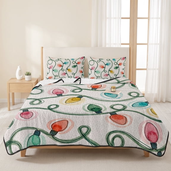 3 Pieces Twin Quilt Set,Merry Christmas Fairy Lights Soft Bedding Sets with 1 Quilt & 2 Pillow Shams,Colorful Light Balls on Beige Summer Bedspread Lightweight Coverlet Comforter for All Season