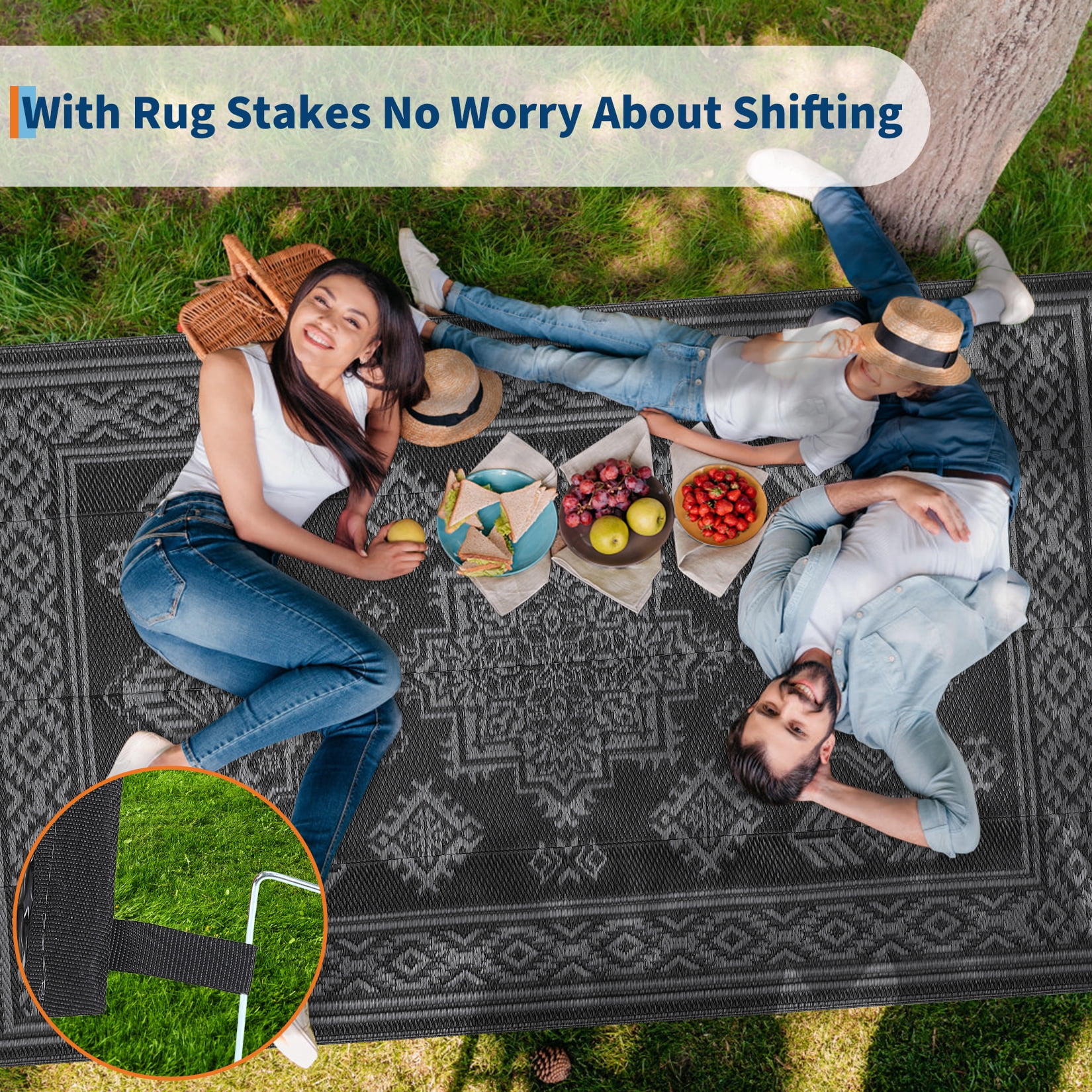 Nanan 9'x18' Indoor Outdoor Rug Boho Waterproof Plastic Straw Patio Rug, Reversible RV Camping Carpet for Backyard, RV, Deck, Porch, Balcony, Black