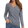 thumbnail image 1 of Women Wrap Front Side Buttons Long Sleeve V Neck Plain Shirt, 1 of 5