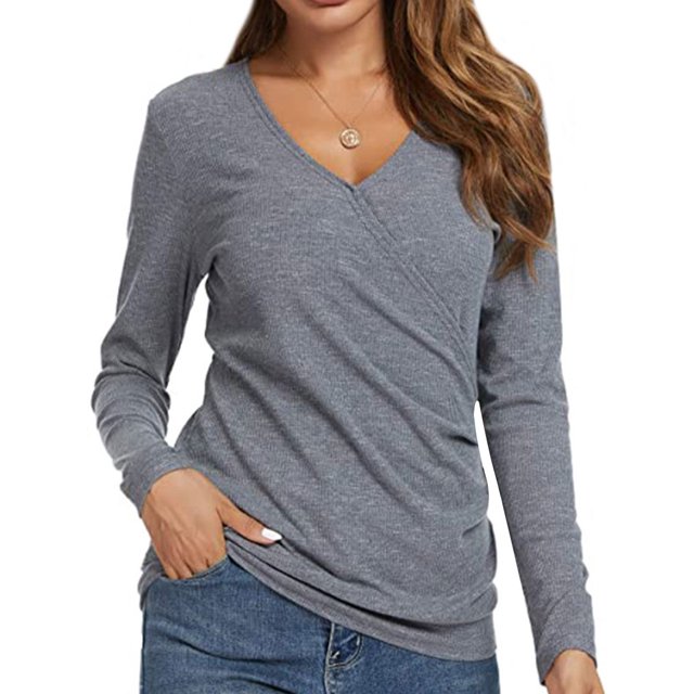 Women Wrap Front Side Buttons Long Sleeve V Neck Plain Shirt