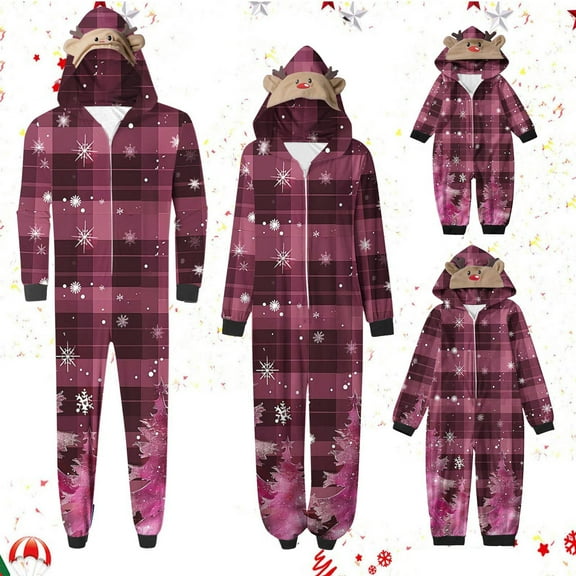 Odeerbi Christmas Onesie Pajamas for Family Holiday Sleep Jumpsuit Long Sleeve Family Christmas Pajamas Matching Sets Mom Fashion Lattice Print Plush Jumpsuit Sleepwear PJs Set Red