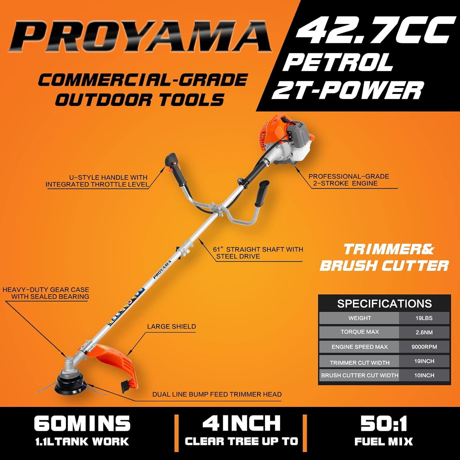 PROYAMA 42.7cc Gas Weed Wacker, 3 in 1 Weed Eater Gas Powered, Brush Cutter and Gas String Trimmer 2-Cycle Extreme Duty, 5 Year Warranty Gearbox, Grass Trimmer 2025 Upgraded