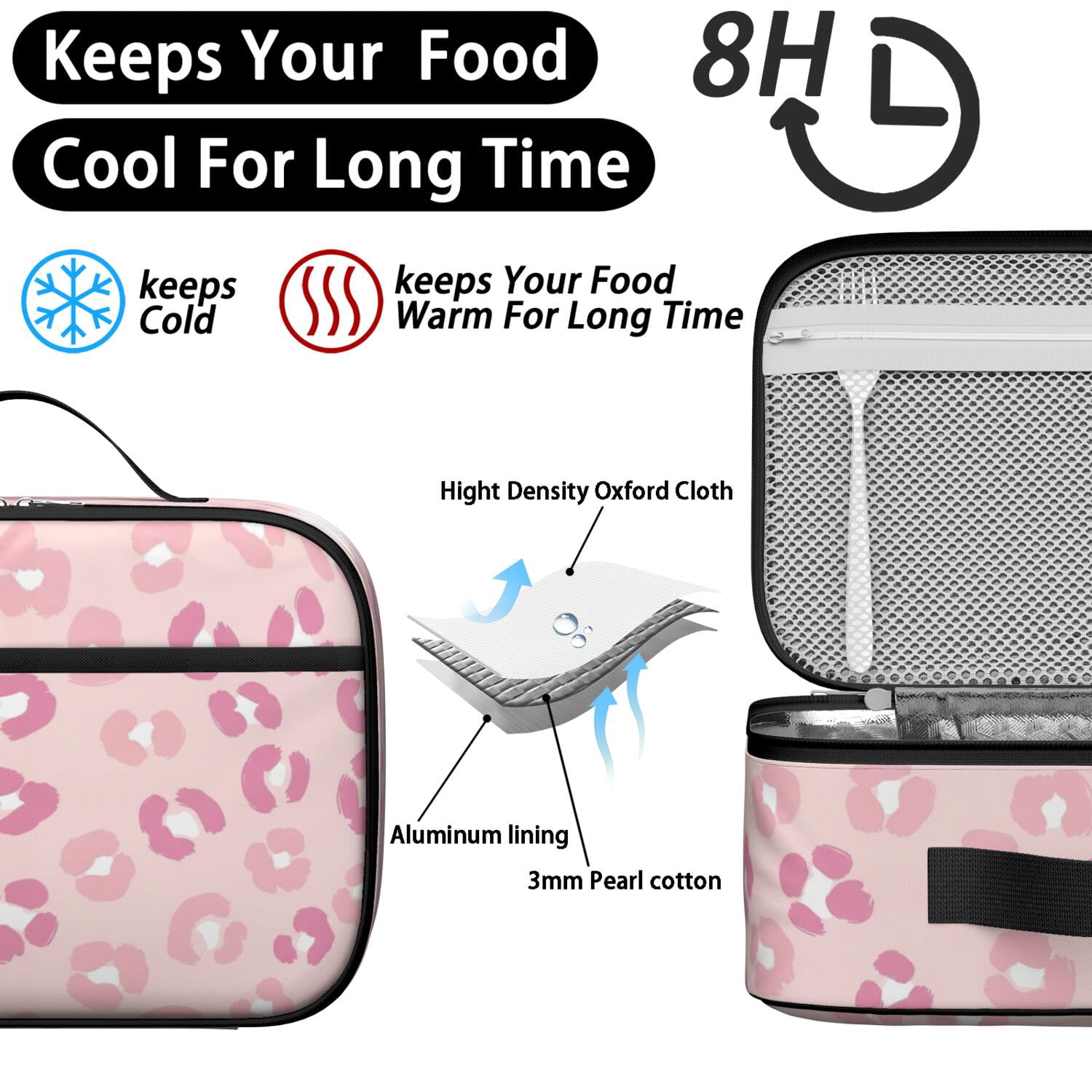 Pink Leopard Print Insulated Lunch Bag Teens,Bento School Lunch Bag for Teens for Work,Picnic or Travel 10.6x7.7x4.3 Inches,12 Can Capacity