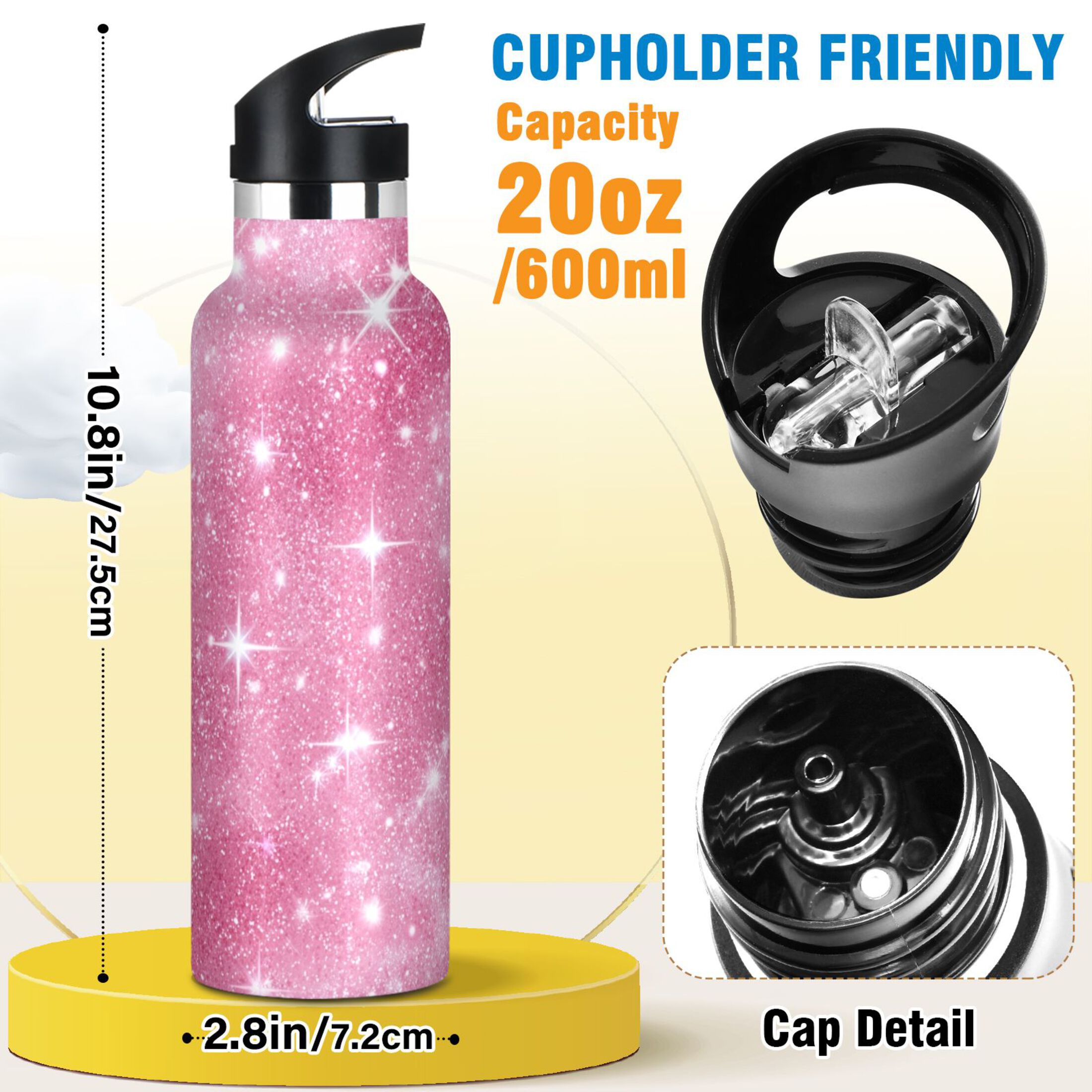 Kids Insulated Stainless Steel Sports Water Bottle 600ml (20oz) Pink Glitter Background