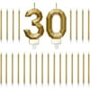 Gold Number 30 Birthday Cake Topper with 24 Thin Candles in Holders, Party Decorations