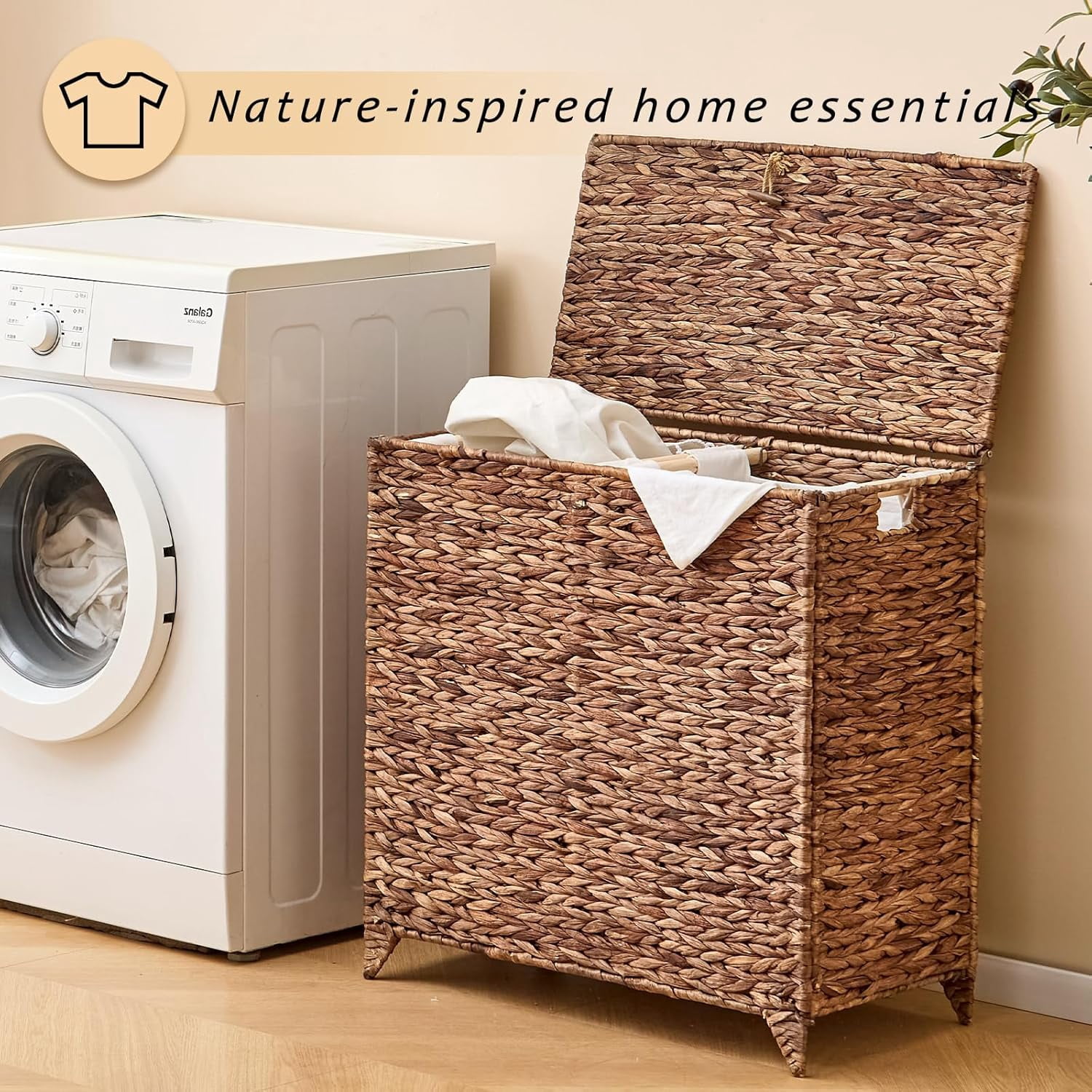 Casa Pura Furniture Handwoven Large Laundry Hamper with Lid, 2 Removable Liner Bags, Heightened Feet, Natural Hyacinth Wicker Clothes Storage Basket for Towels & Clothing