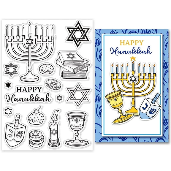 Happy Hanukkah Clear Stamp Candles Gold Coins Silicone Stamp Cakes Books Rubber Stamp Chanukah Transparent Silicone Stamp for Card Making DIY Scrapbooking Crafting Photo Album Journal Decor