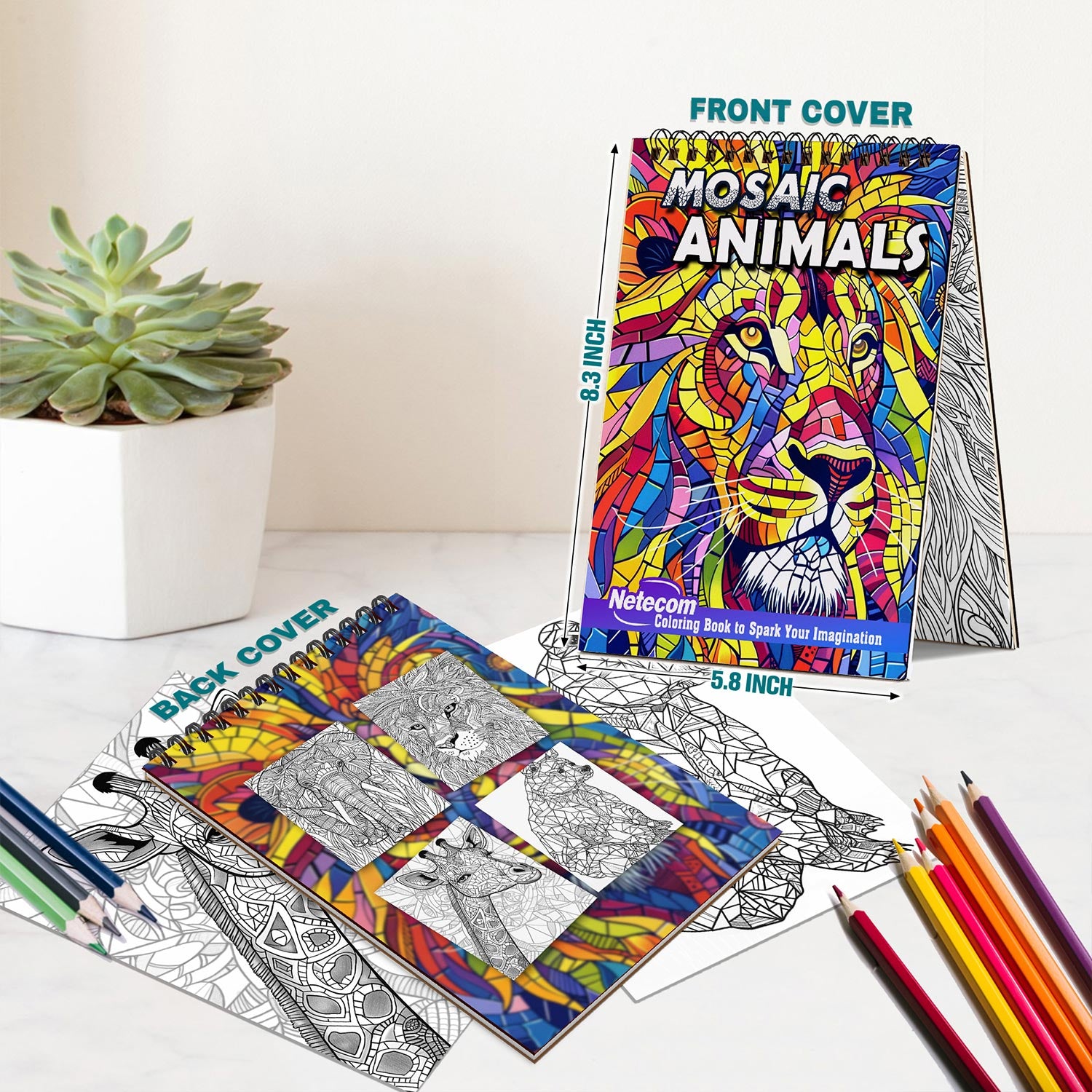 Netecom Mosaic Animals Coloring Book Spiral Bound for Adults, A5 Wooden Cover, 30 Intricate Mosaic Designs of Portrait Animals for Stress Relief and Relaxation
