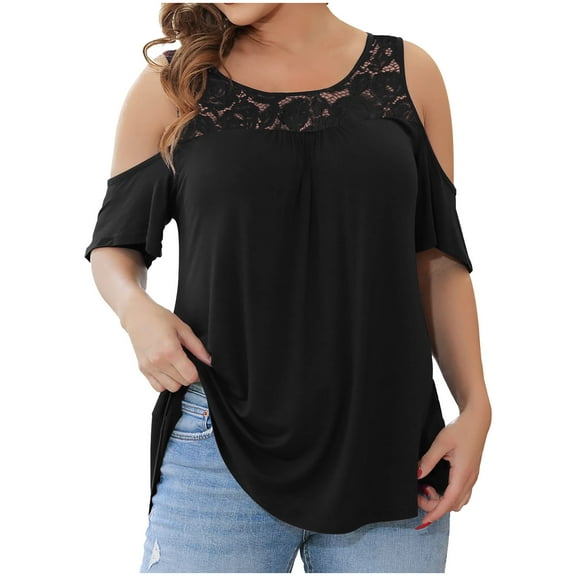 Fesfesfes Fashion Women Plus Tops Causal Round Neck Tshirts Hollow Out Shoulder Blouse Tops Lace Short Sleeve T-Shirt Summer Loose Tops Summer Saving Sale