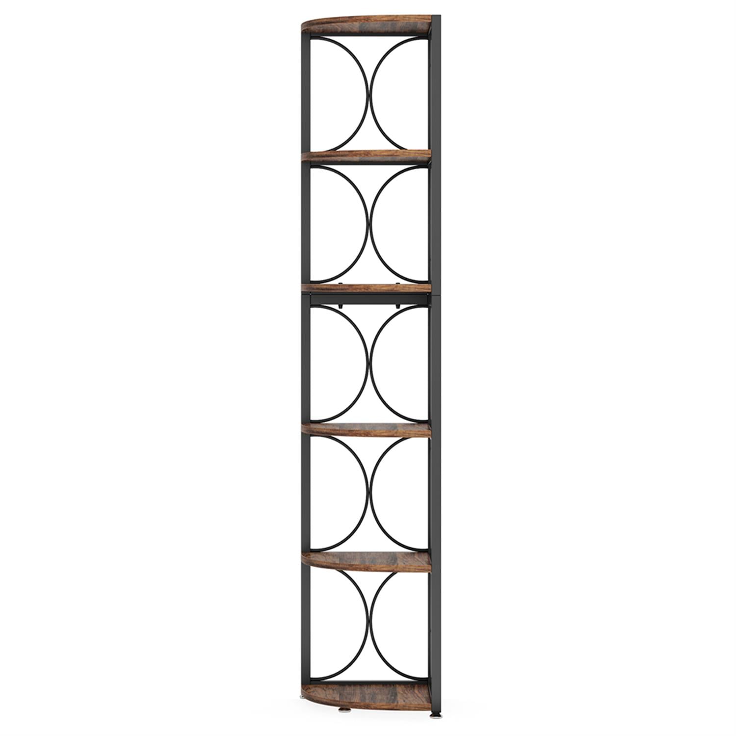 Demi Bonn 6 Tier Corner Bookshelf, Wood and Metal Bookcase Storage Organizer, 67" Talldustrial Display Standing Shelf Unit for Bedroom, Living Room, Brown