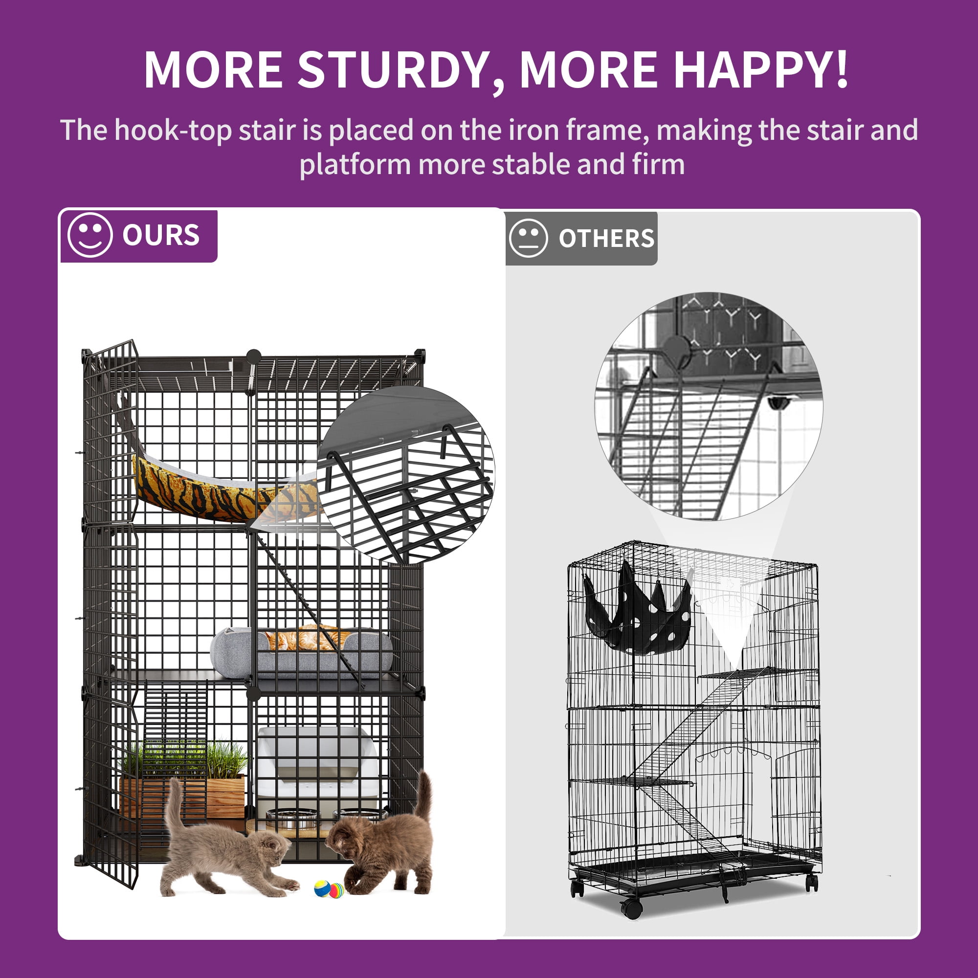 Uforic Indoor Cat Cage 3 Tiers - DIY Cat Enclosures Metal Playpen with Extra Large Hammock, and Sturdy Design(28"L x 28"W x 41"H)