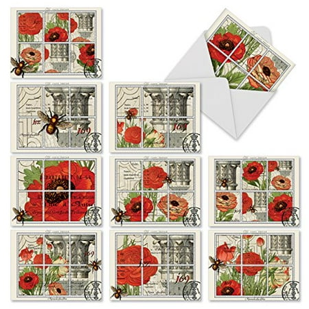 'M3983 WHAT'S THE BUZZ' 10 Assorted All Occasions Note Cards Featuring Vintage Illustrations of Bees With Flowers with Envelopes by The Best Card (What's Best For Bee Stings)