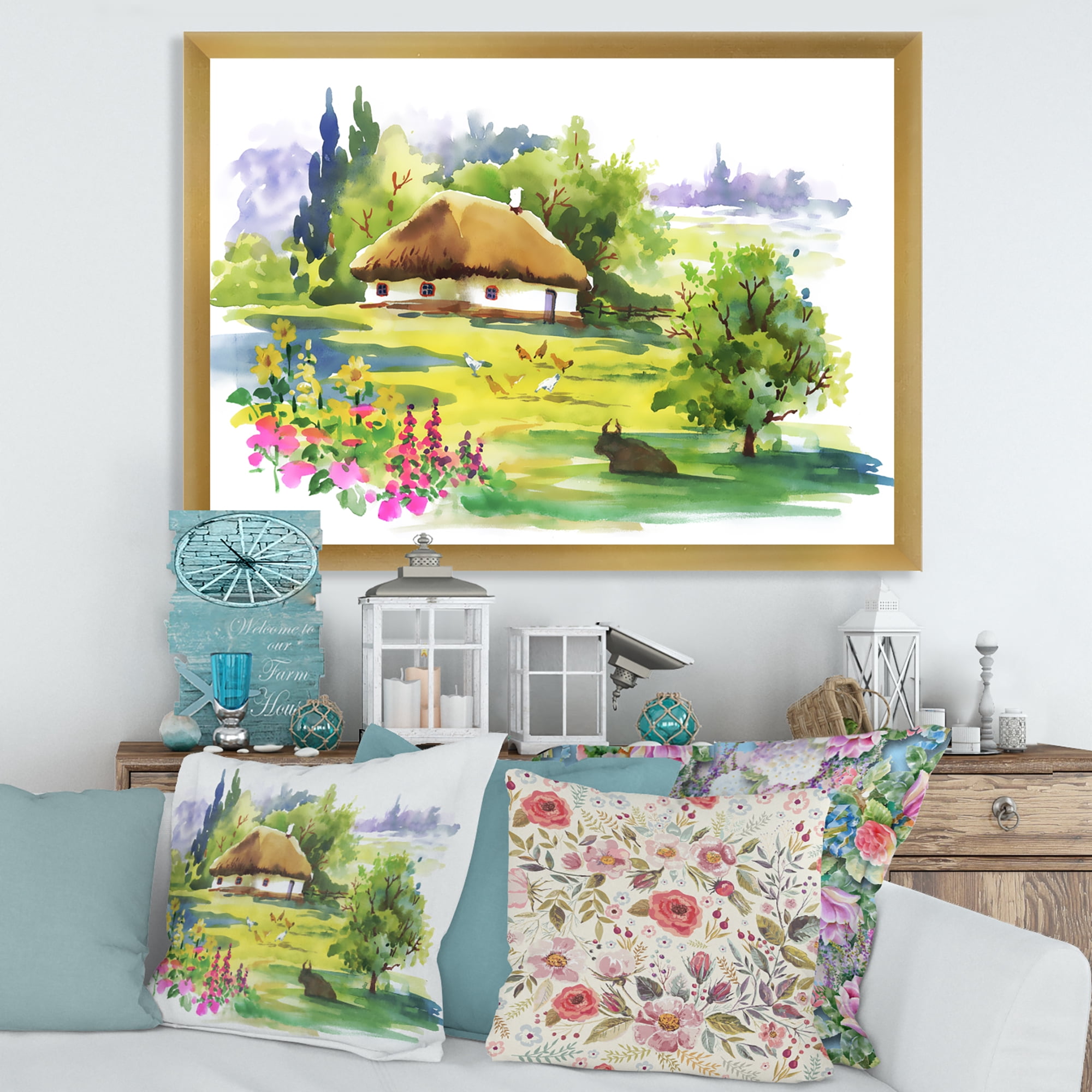 Designart 'Blossoming Greenlands And A Rural House' Traditional Framed Art Print