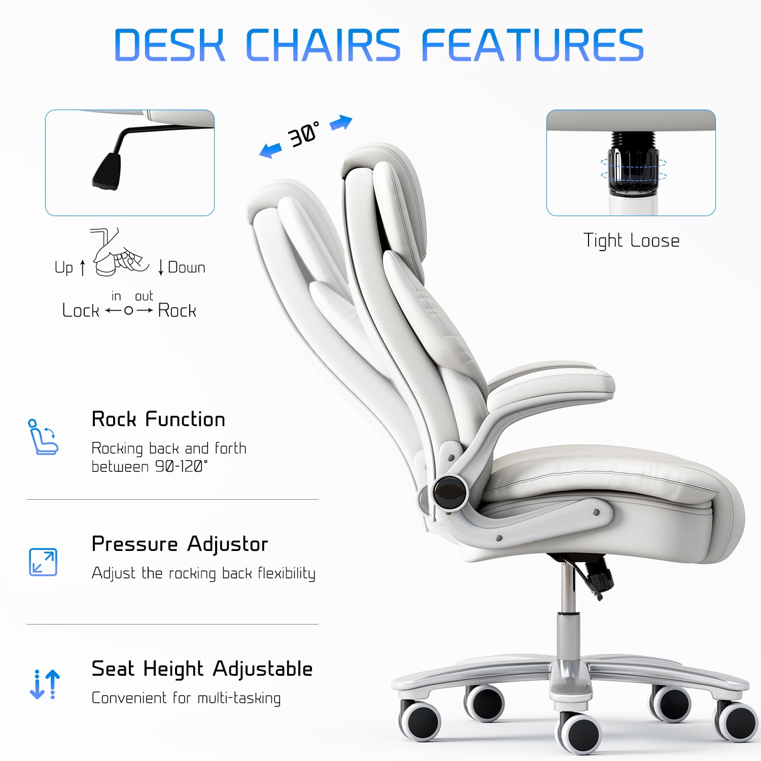 iooHug Big and Tall Office Chair 400lbs, Ergonomic Desk Chair with Lumbar Support, Flip-Up Arms, Faux Leather High Back Computer Chair for Home Office, White