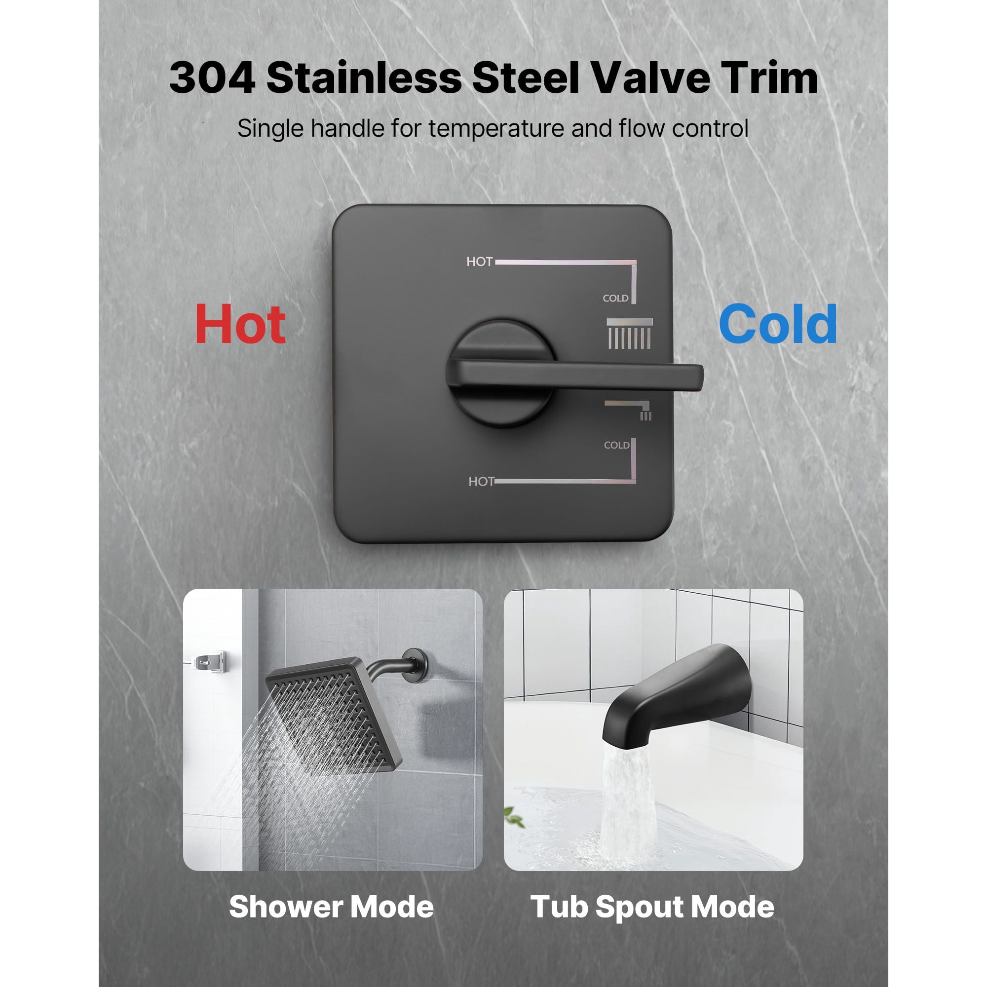 Tub and Shower Faucet Set 4-Piece Brass Valve ABS Shower Head 304 Stainless Steel Panel Matte Black for Bathroom