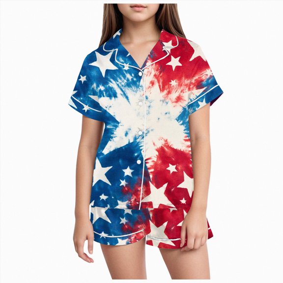 Sgkm Girls Summer Outfits Cute Patriotic Print Girls Short Sleeve Shorts Set Home Wear Soft Independence Day Outfits for Toddler Kids