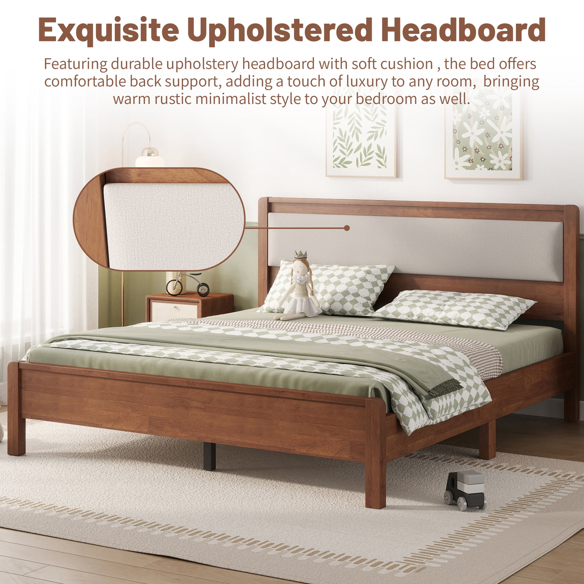 HOQBN Full Solid Rubberwood Bed Frame with Upholstered Headboard, Reinforced Central Support Legs for Bedroom Brown