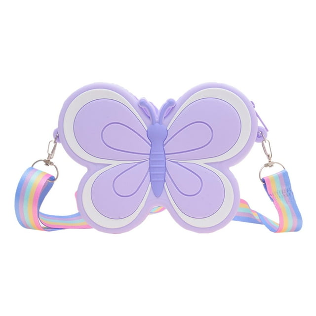 Kids Purse Silicone Handbag Adjustable Shoulder Strap Cartoon Shoulder Bag Violet Butterfly