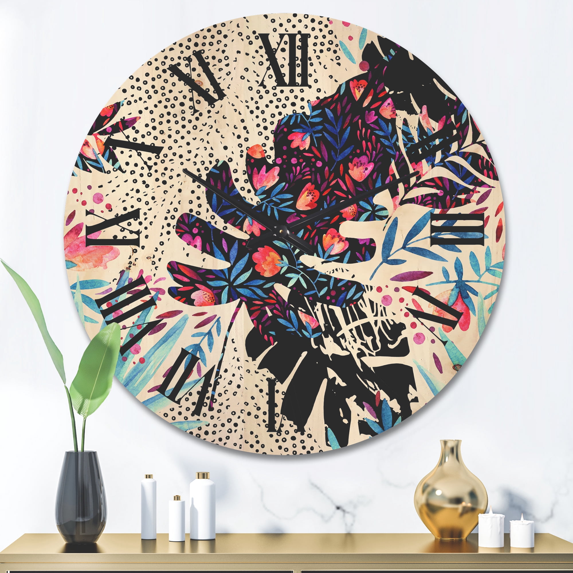 Designart 'Abstract Tropical Floral Patchwork I' Tropical Wood Wall Clock