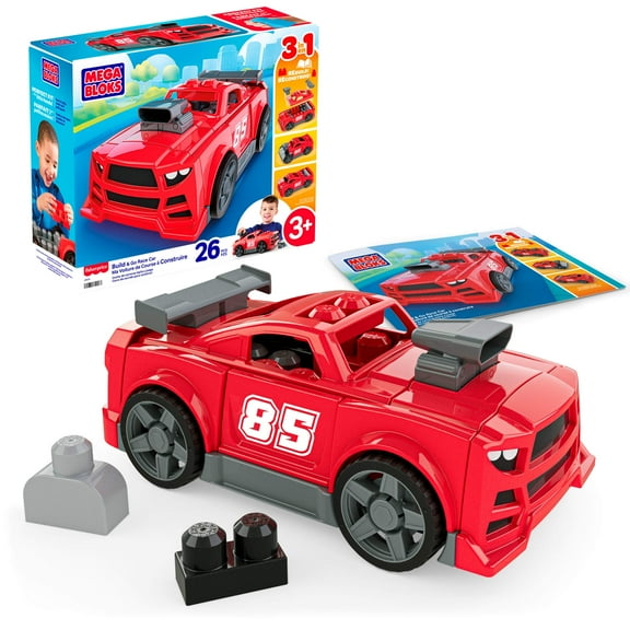 MEGA BLOKS Build & Go Race Car Block Toy with Rolling Wheels (26 Pieces) for Kids