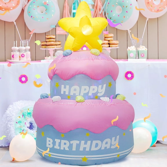 KITBONIS 4FT Inflatable Decor Birthday Cake with Star Built-in LED-Lit Indoor Outdoor Party Decoration Fits Birthday Decoration for Garden Yard Lawn