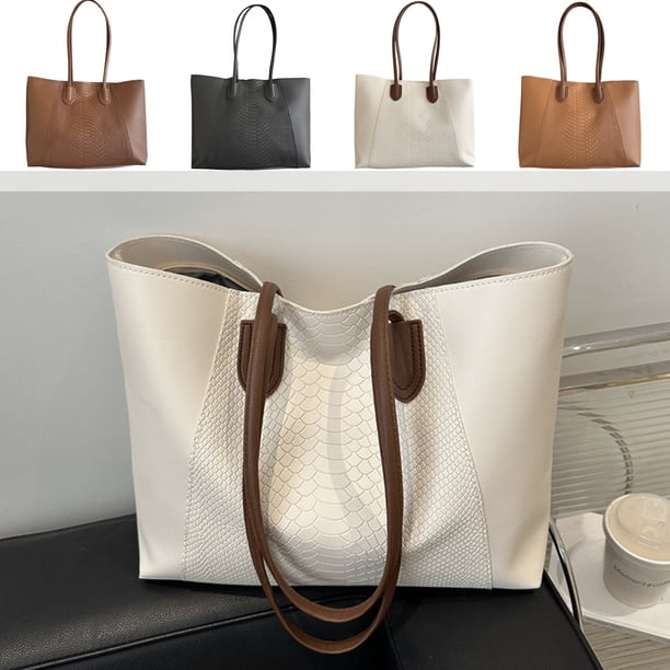 Bolso de mano de cuero de mujer Bolso de hombro – Bolso grande para el trabajo, bolsillo con cremallera, asas resistentes – Negro/Blanco/Café/Marrón – Uso diario en otoño invierno
