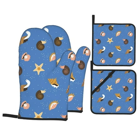 

Oven Mitts and Pot Holders 4 pcs Set Conch Shell Blue Heat Resistant Silicone Oven Mitts Pot Holders for Kitchen Baking Cooking Non-Slip Oven Gloves Hot Pads Potholders