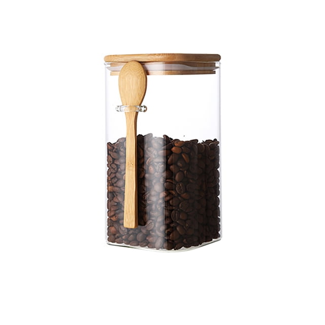 Tarro De Cristal Transparente Para Granos De Café, Tarro De Almacenamiento Práctico Con Cuchara, Tapa De Madera Para Condimentos, Cocina De Té Yuarrent HA024746-00
