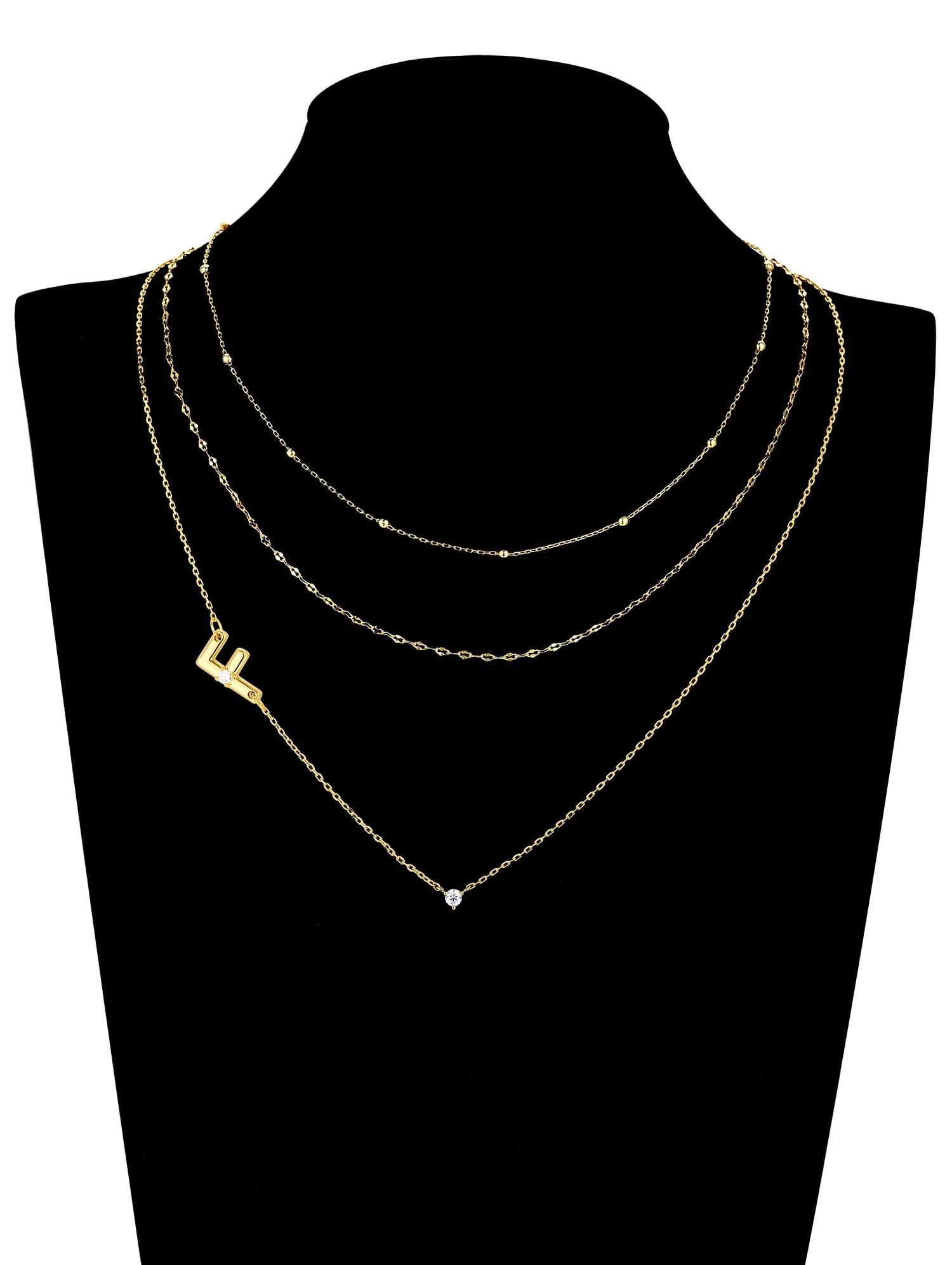 Believe by Brilliance F Triple Chain Initial Necklace Set in 14KT Gold Flash Plated Brass