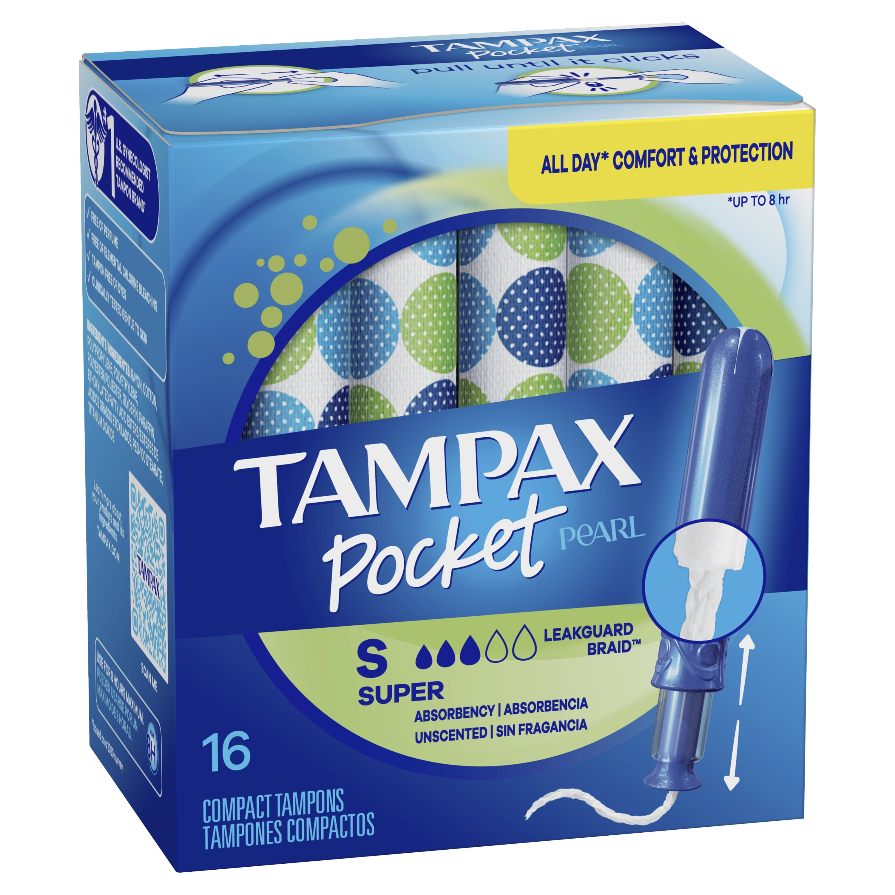 Tampax Pocket Pearl Tampons, Unscented, Super Absorbency, 16 Ct HSA/FSA Eligible