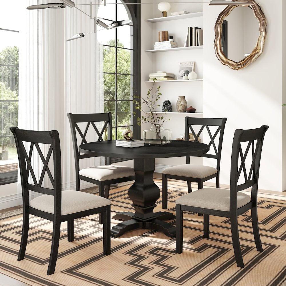 Roundhill Furniture Havre Dining Set, Pedestal Round Table with 4 Chairs
