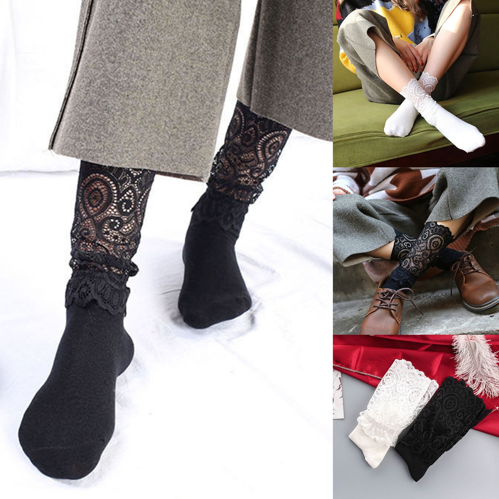 3 Pairs Women Girls Socks Hollow Lace Spliced High Ankle Solid Socks Fashion New 