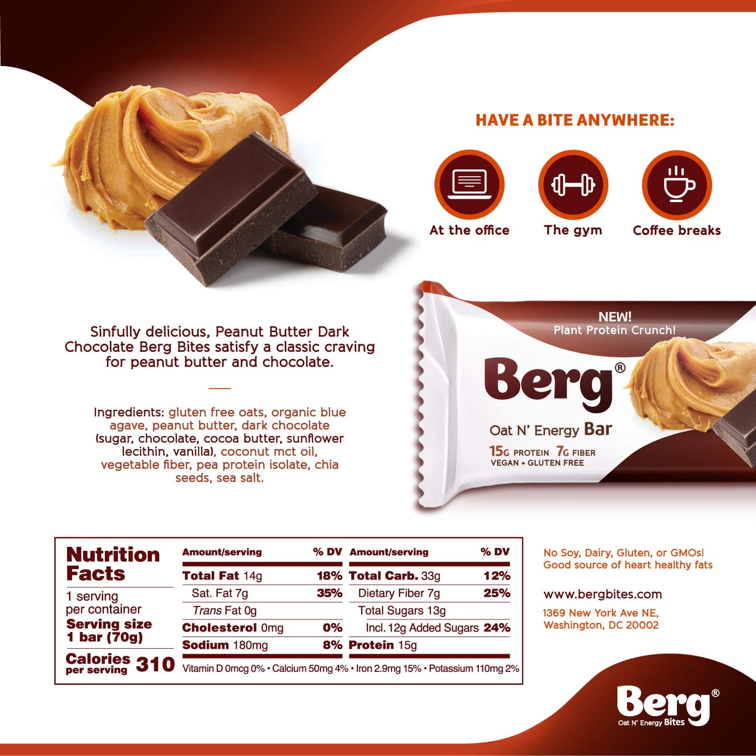 Berg Oat N' Energy Bar | Plant Based Protein Bar | Non-GMO, Gluten Free, Nut Free and Vegan | Low Sugar, Healthy Snack Bar | High Fiber | On The Go | 2.5oz, Pack of 8 (Peanut Butter & Dark Chocolate)