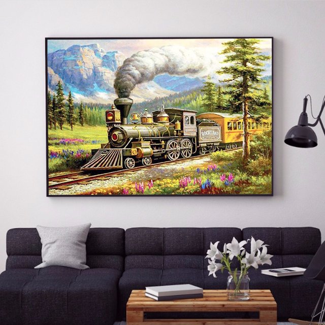 Cuadros Decorativos Póster de mosaico de taladro completo, pintura de diamante de tren forestal DIY, decoración de pared de diamantes de imitación Ehuebsd Nuevos Originales