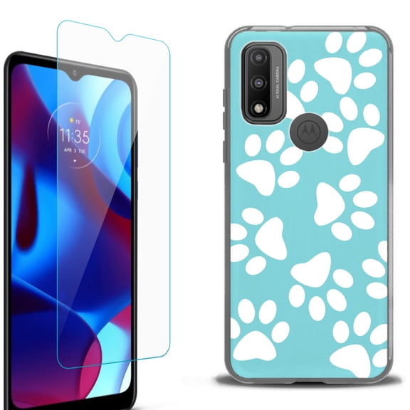 Slim-Fit Protective Phone Case (Black) compatible with Motorola Moto G Pure 5G, with Tempered Glass Screen Protector, by OneToughShield ® - Pet Paw / Teal