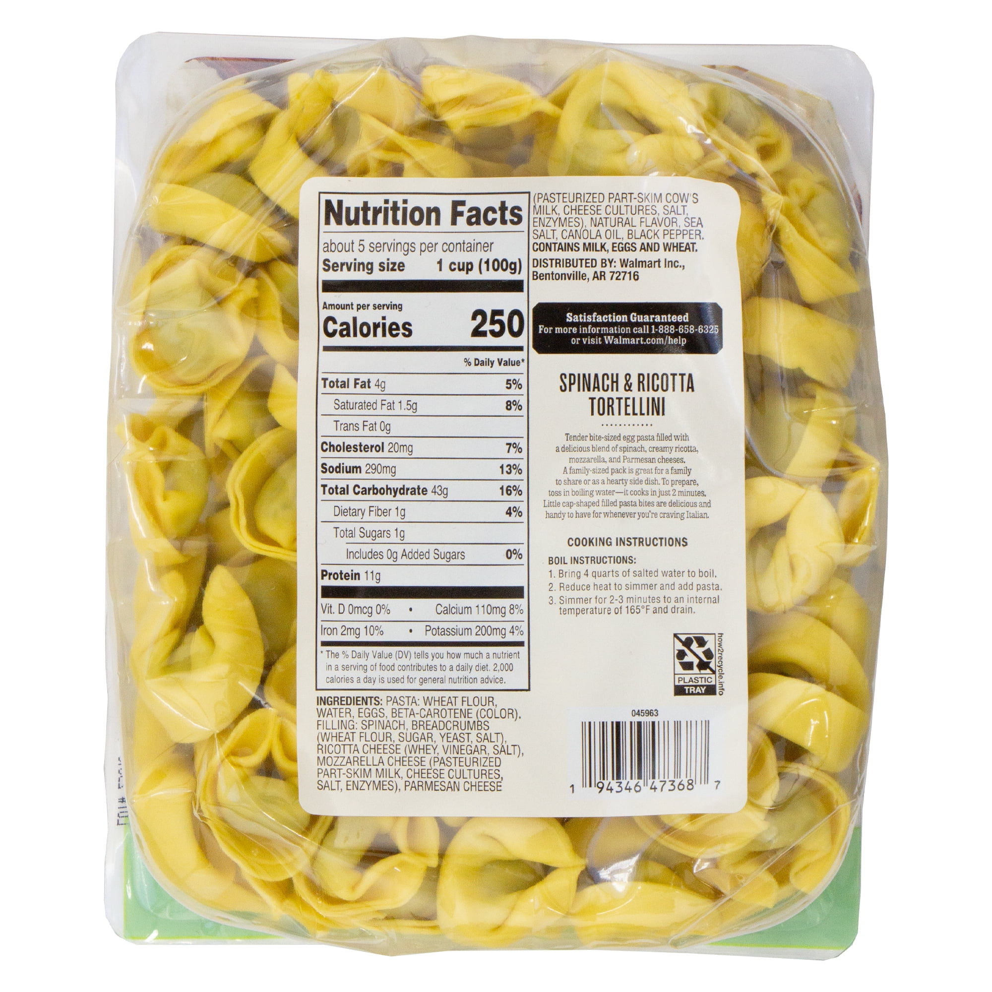 Marketside Spinach and Ricotta Tortellini, No Artificial Ingredients, 18 oz Tray